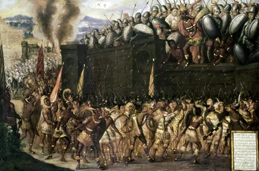 Montezuma (1466-1547), capturado por los españoles, ruega a los aztecas que se rindan mientras atacan su palacio en 1520 (panel No.4)